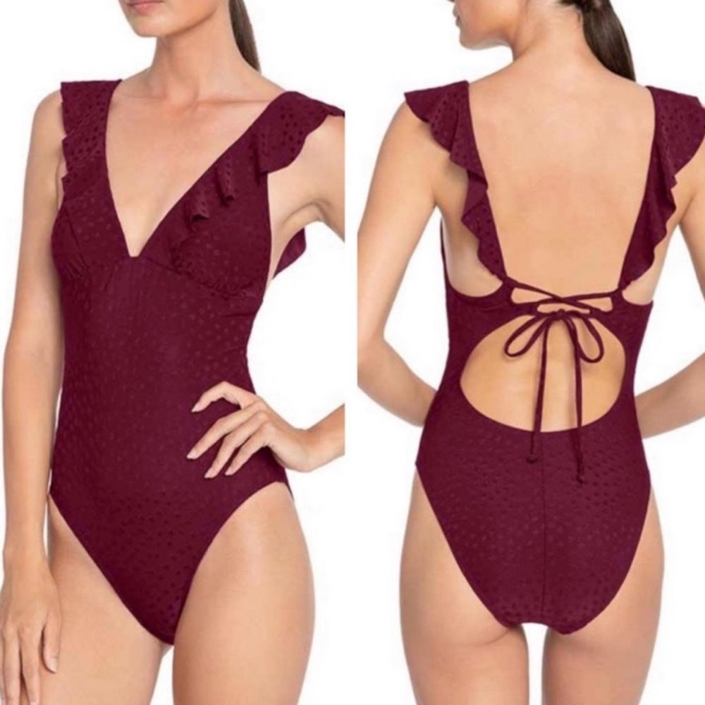 ROBIN PICCONE Dot Ruffle V Neck One Piece Swimsuit Burgundy Maroon Size 10
